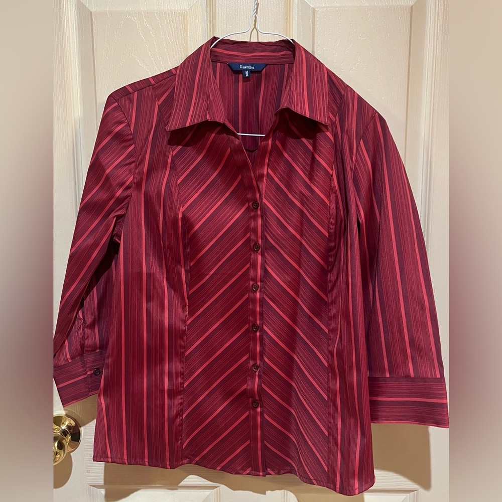 Reitmans Red & Burgundy Striped Blouse, Size Medium